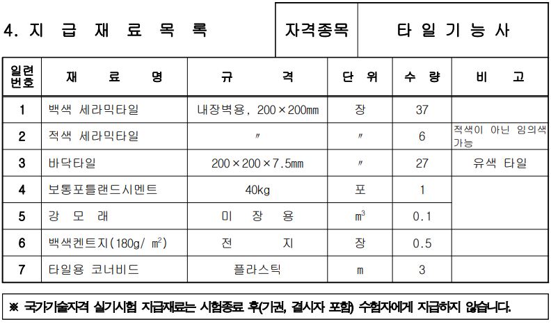 타일기능사 지급물품